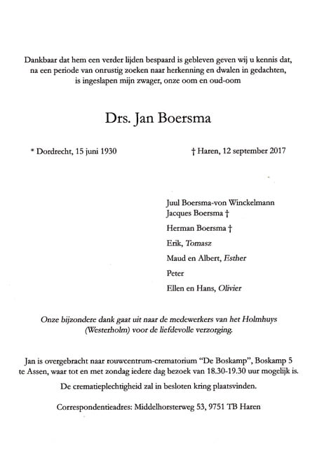 Overlijden Jan Boersma op 12 september 2017 - De Voerman